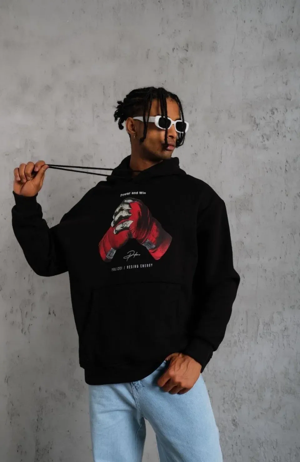 Erkek Eldiven Baskılı Kapüşonlu Sweat - Siyah