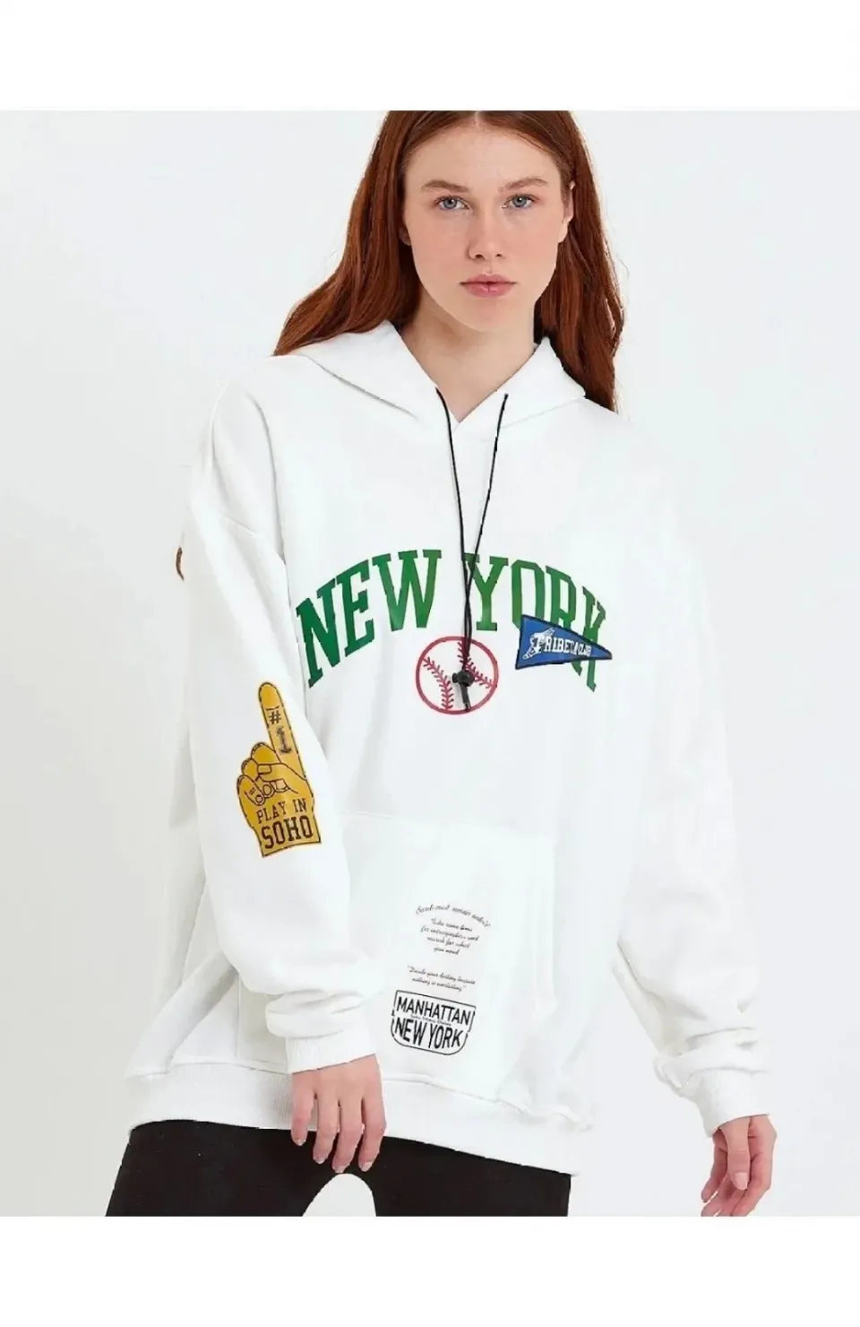 Kadın Baskılı Kapüşonlu Sweatshirt - Beyaz