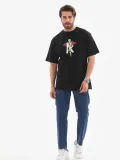 Unisex Bisiklet Yaka Baskılı Oversize T-Shirt - Siyah