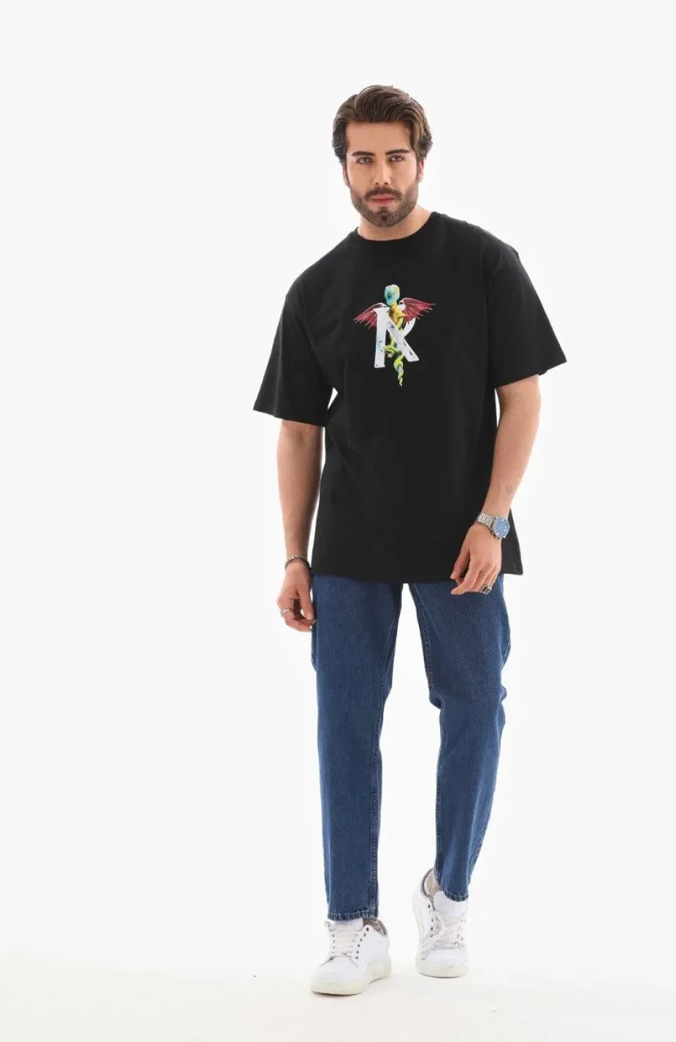 Unisex Bisiklet Yaka Baskılı Oversize T-Shirt - Siyah