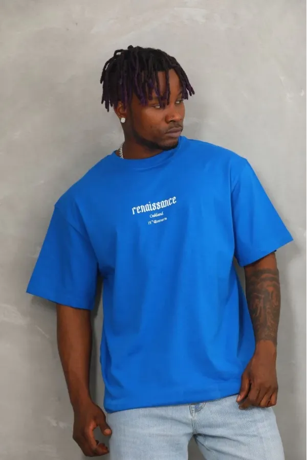 Unisex Oversize Baskılı Bisiklet Yaka T-Shirt - Mavi