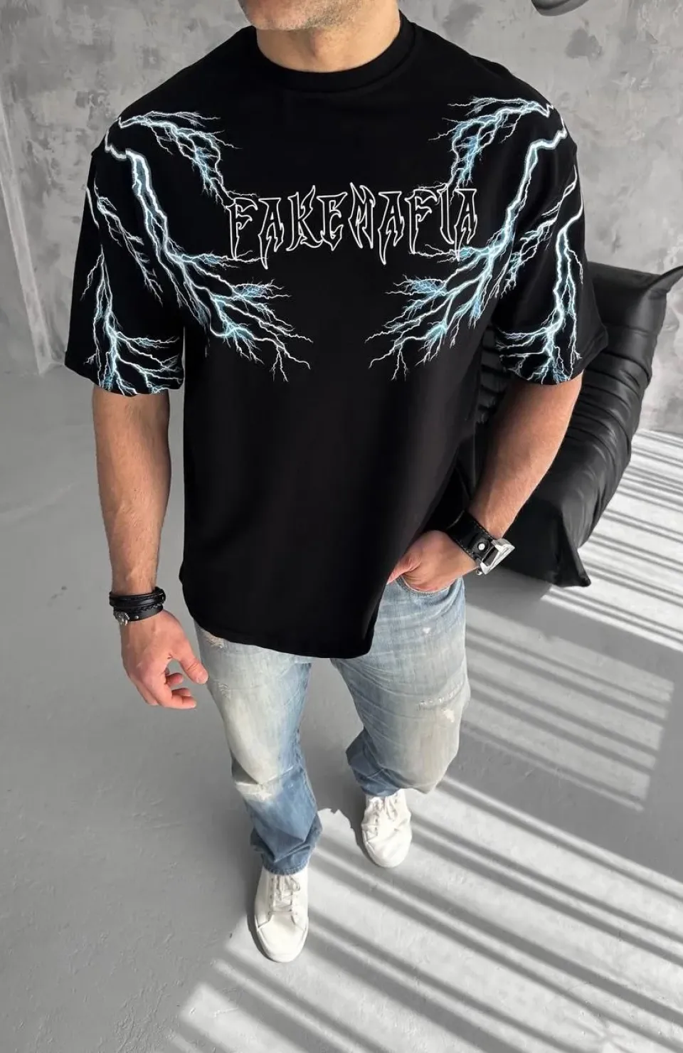 Unisex Bisiklet Yaka Baskılı Oversize T-Shirt - Siyah