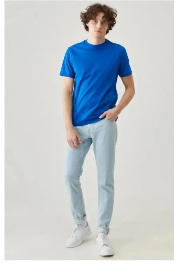 Erkek 24/1 Düz A Kalite Oversize T-shirt - Mavi