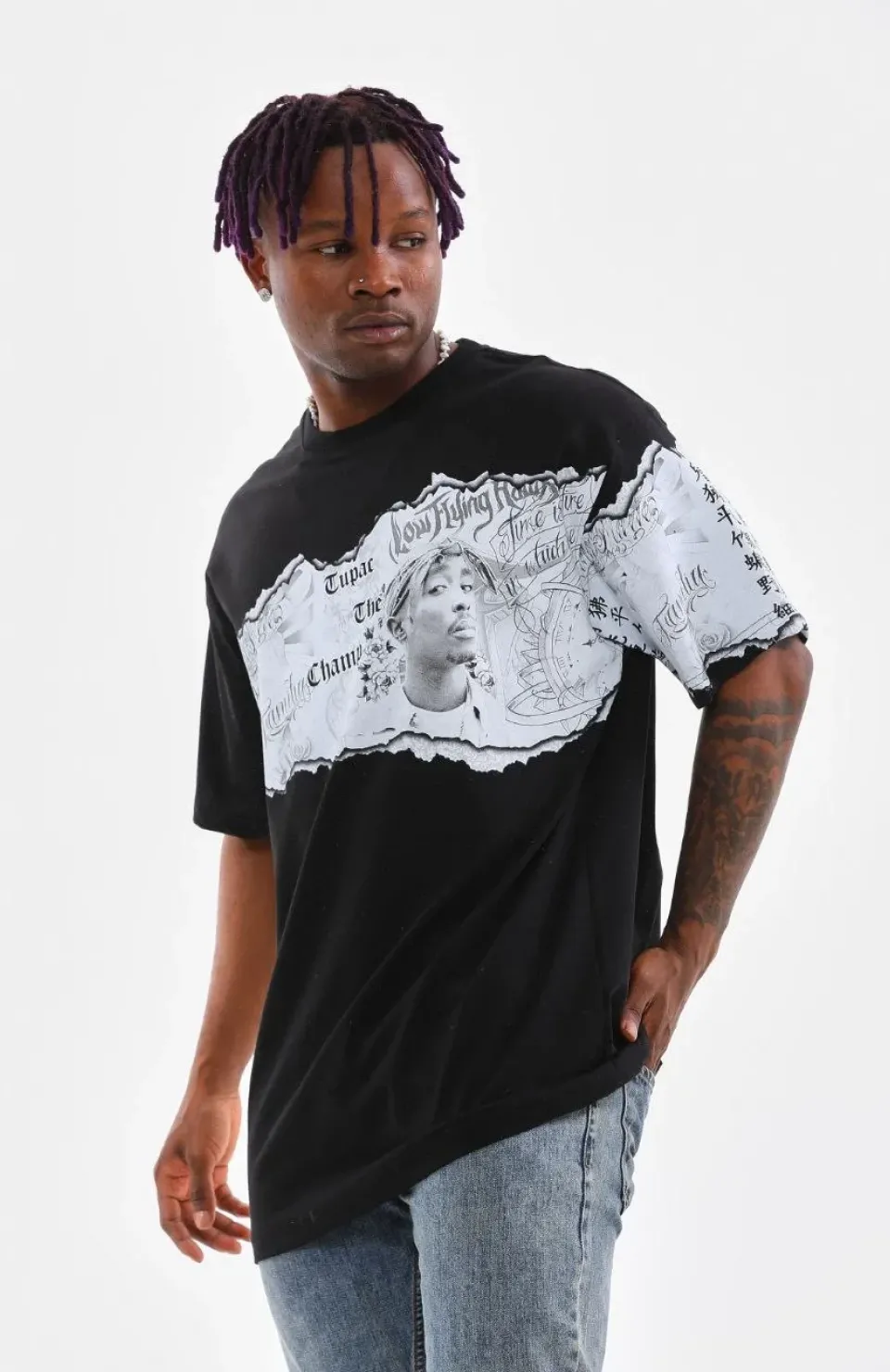 Unisex Bisiklet Yaka Baskılı Oversize T-Shirt - Siyah