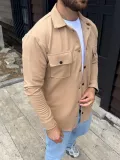 Erkek Diagonal Kumaş Cepli Çıtçıtlı uzun Kollu, Gömlek Oversize Rahat Kalıp Günlük Şık Stil - Bej