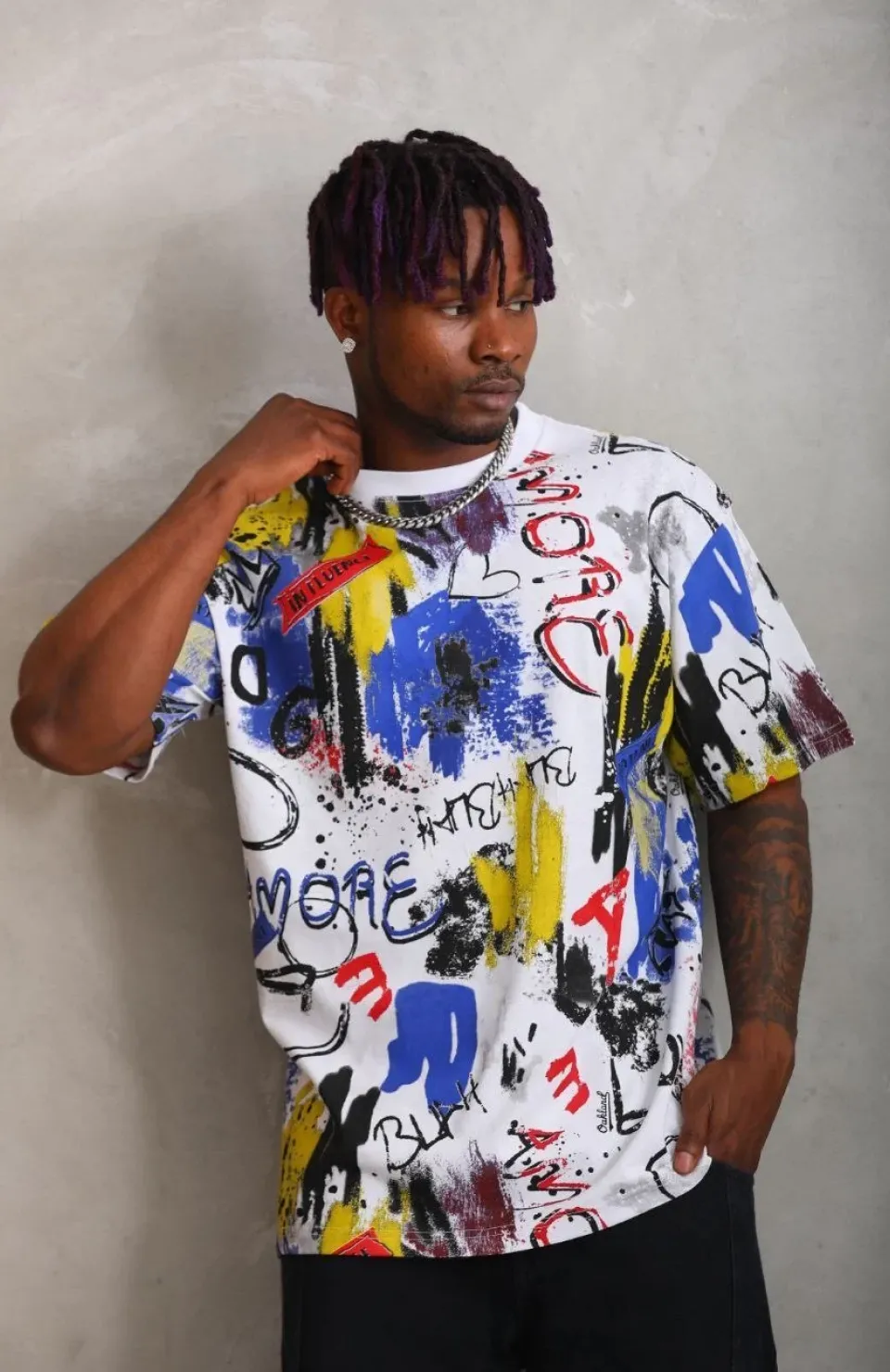 Unisex Oversize Baskılı Bisiklet Yaka T-Shirt - Beyaz