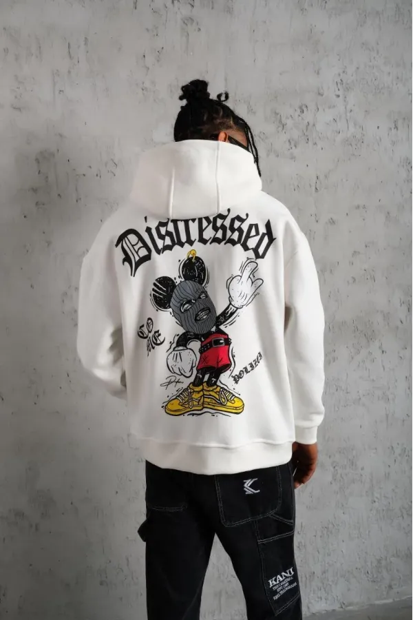 Erkek Üç İplik Baskılı Kapüşonlu Sweat - Beyaz