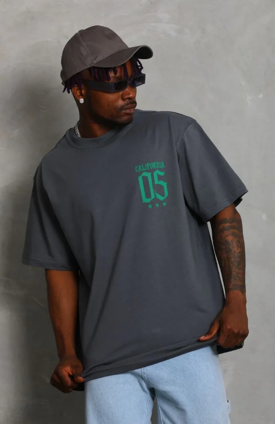 Unisex Oversize Baskılı Bisiklet Yaka T-Shirt - Füme