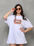Unisex Bisiklet Yaka Baskılı Oversize T-Shirt - Beyaz
