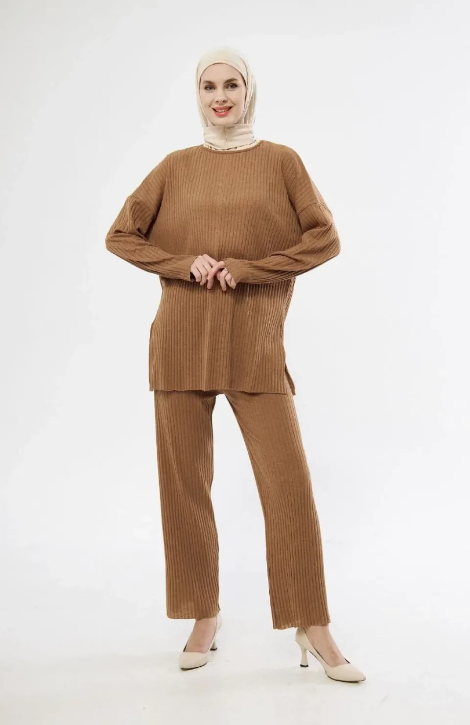 Uzun Kollu Organik Yıkanmış Kumaş Fitilli Pantolonlu Takım - Kahve Somersan Giyim | Kadın, Erkek ve Çocuk Moda