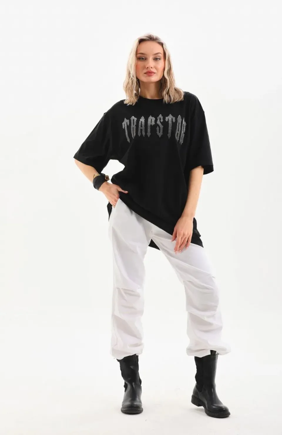 Unisex Taş Desenli Oversize T-Shirt - Siyah