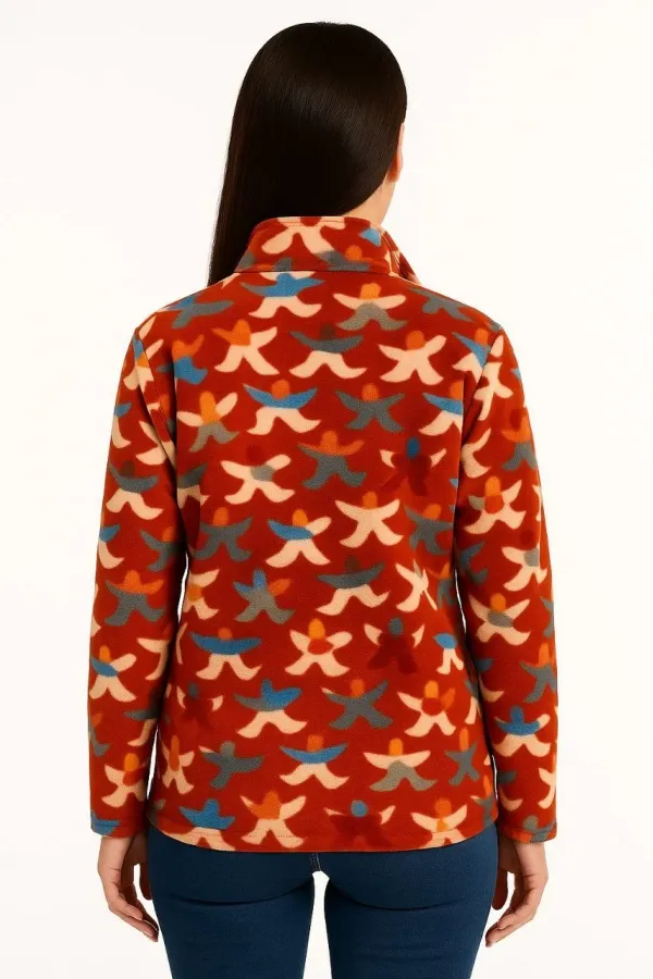 Kadın Tam Fermuarlı Desenli Polar Sweat – Siyah Multicolor Figür Desen Yakalı, Uzun Kollu, Oversize Rahat Kalıp - Kiremit