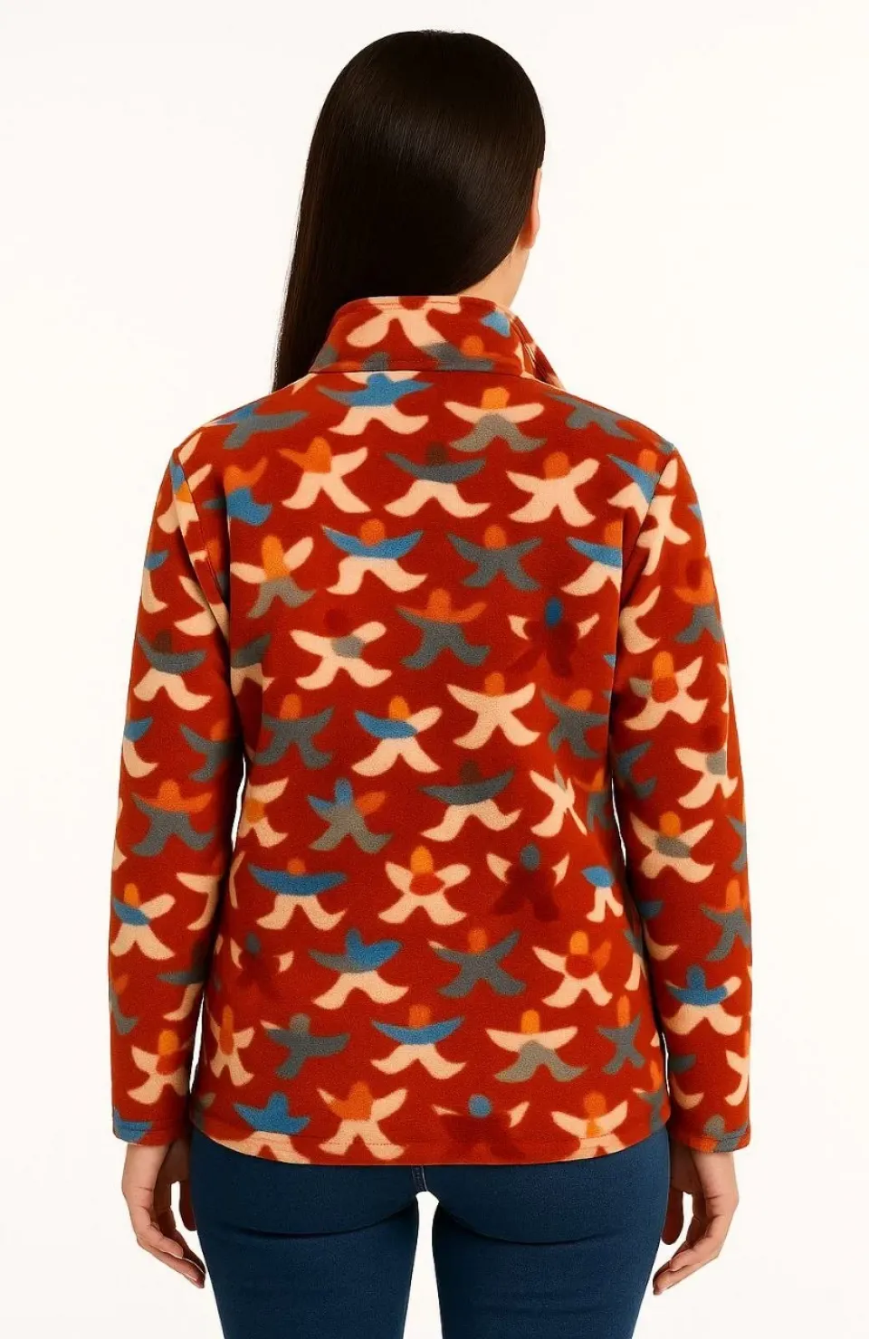 Kadın Tam Fermuarlı Desenli Polar Sweat – Siyah Multicolor Figür Desen Yakalı, Uzun Kollu, Oversize Rahat Kalıp - Kiremit