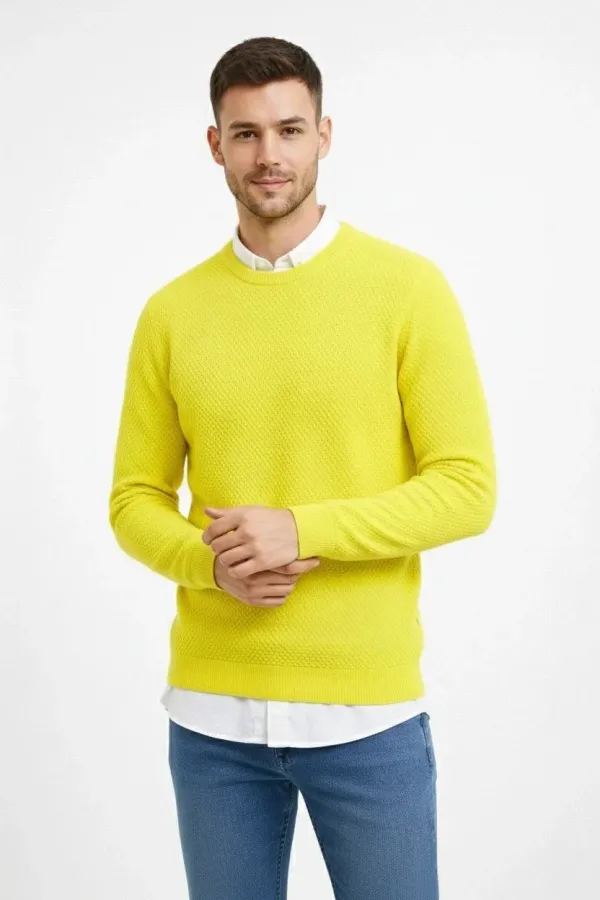 Erkek Bisiklet Yaka Petekli dokulu Triko Kazak Pamuklu ince Dokuma, uzun kollu Rahat Regular kalıp - Sarı