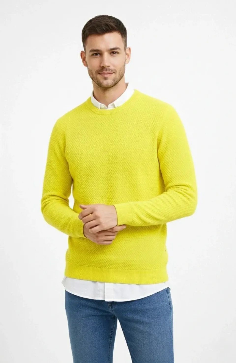 Erkek Bisiklet Yaka Petekli dokulu Triko Kazak Pamuklu ince Dokuma, uzun kollu Rahat Regular kalıp - Sarı Somersan Giyim | Kadın, Erkek ve Çocuk Moda