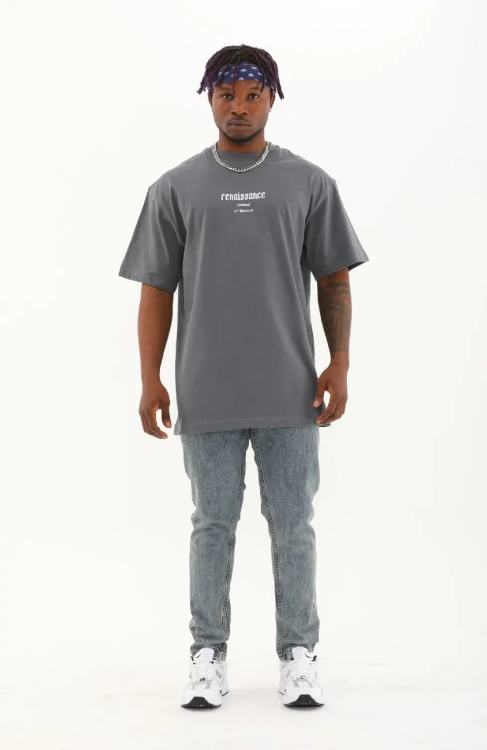 Unisex Oversize Baskılı Bisiklet Yaka T-Shirt - Füme