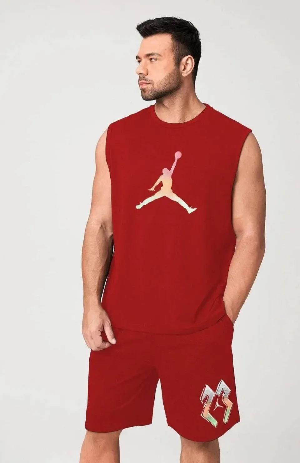Erkek Sırt Baskılı Sıfır Kol İkili Şort Takım - Kırmızı Somersan Giyim | Kadın, Erkek ve Çocuk Moda