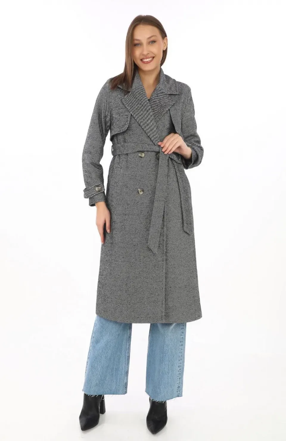 Kadın Balık Sırtı Kaşmir Uzun Kaşe Kaban - Boyalı Gri