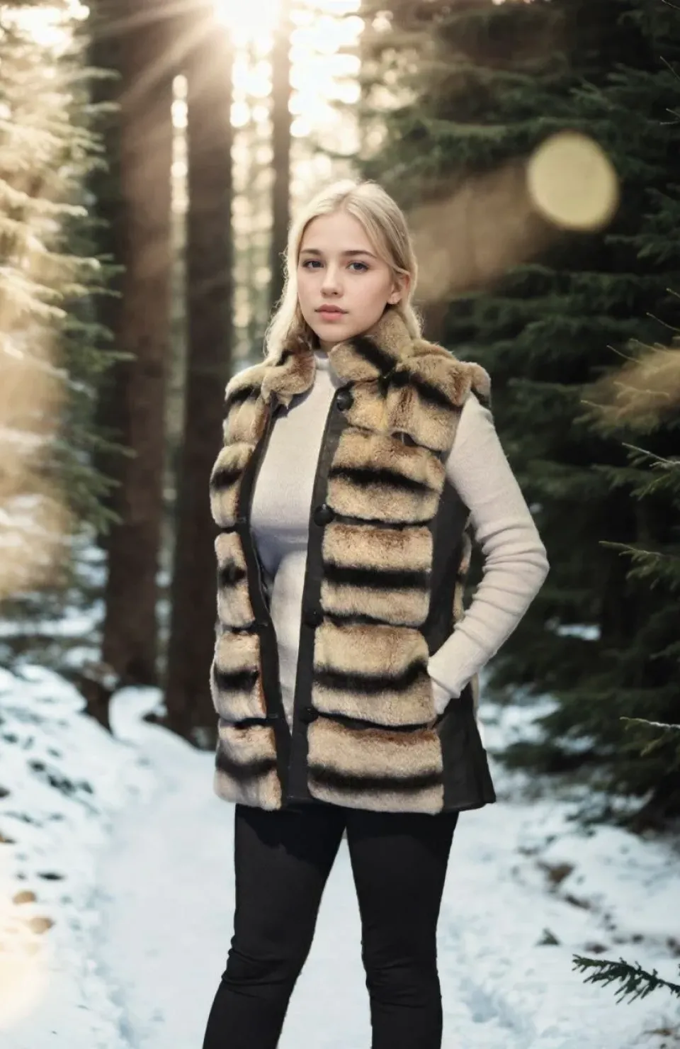 Kadın Kolsuz Hakiki Deri Kürk - Siyah