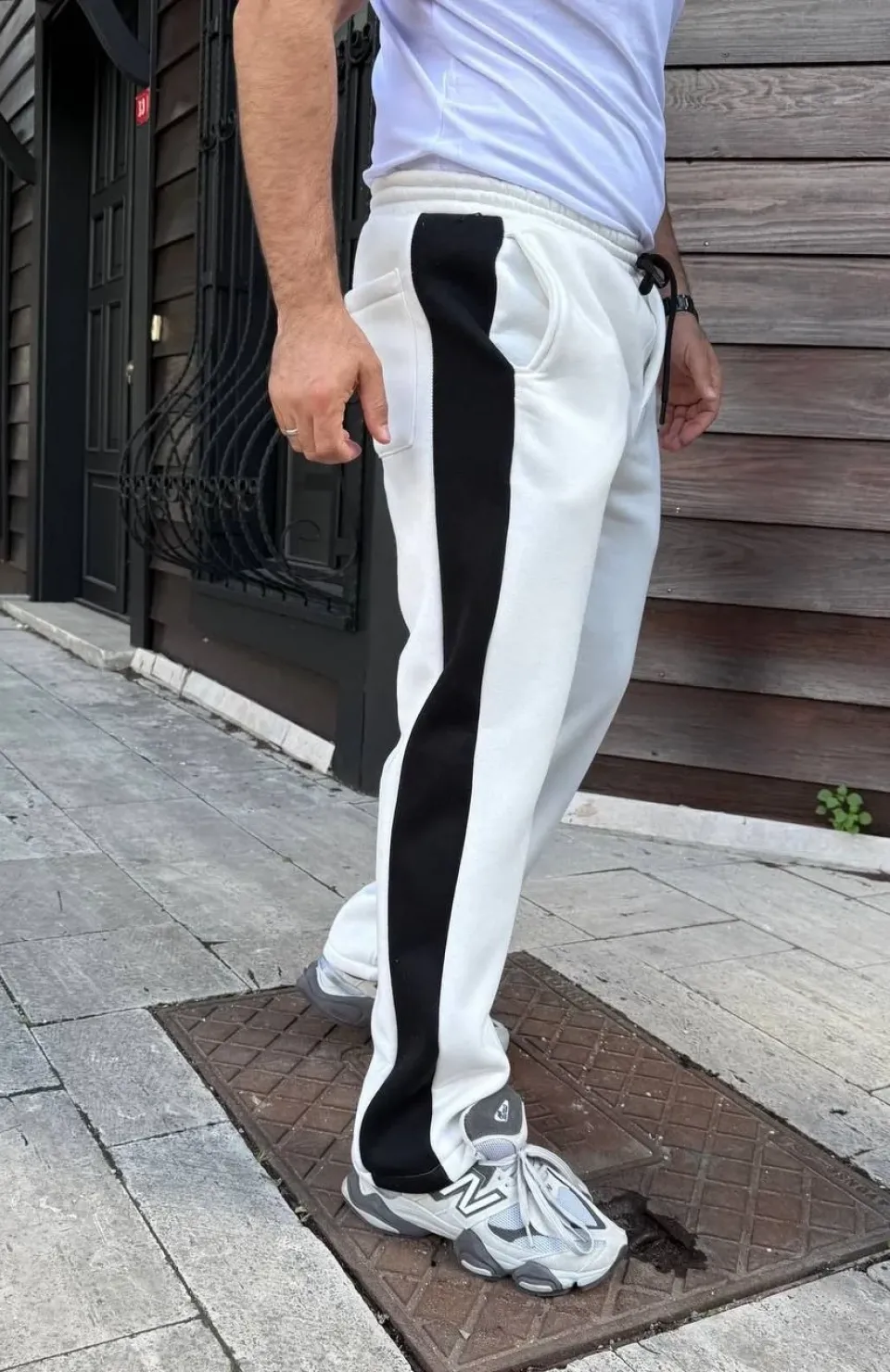 Erkek Üç İplik Kışlık Pamuklu Yandan Garneli Kalın Şeritli Cepli Eşofman Altı - Beyaz