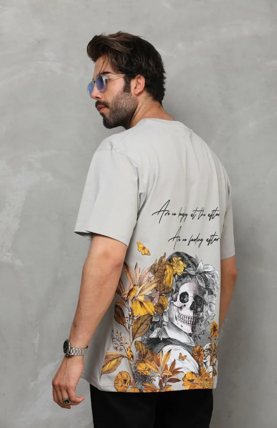 Unisex Bisiklet Yaka Baskılı Oversize T-Shirt - Gri Somersan Giyim | Kadın, Erkek ve Çocuk Moda