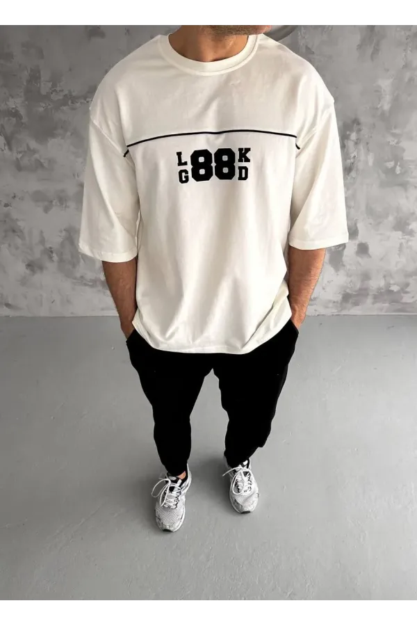 Unisex Bisiklet Yaka Baskılı Oversize T-Shirt - Beyaz