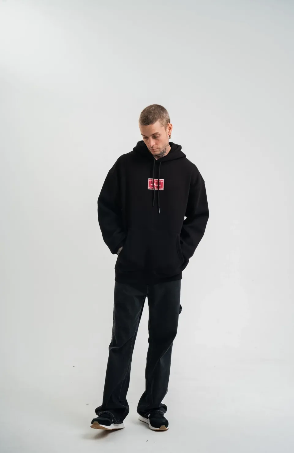 Double Oversize Kapşonlu Dijital Patchli SweatShirt - Siyah