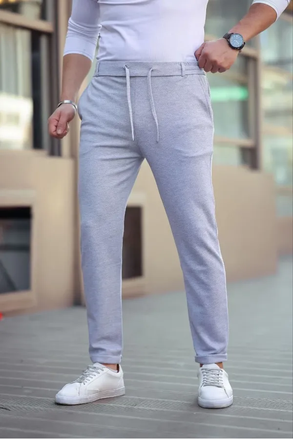 Erkek Diagonel Mikro dokulu Cepli Beli Lastilki Pantolon - Gri