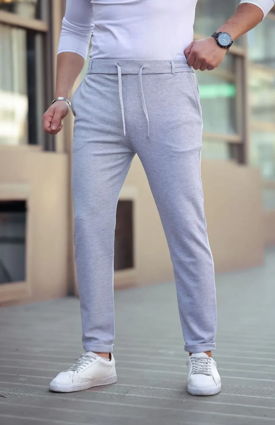 Erkek Diagonel Mikro dokulu Cepli Beli Lastilki Pantolon - Gri