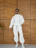 Erkek Premium Parçalı Eşofman Takım - Dik Yaka Fermuarlı Biyeli Sweatshirt Lastik Paça Alt, Oversize 3 iplik Şardonlu - Beyaz