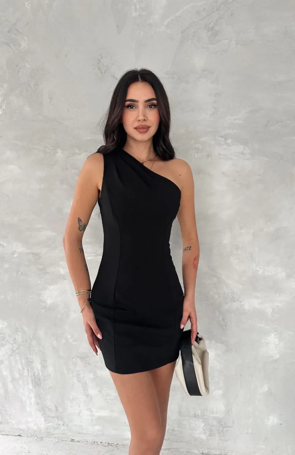 Tek Omuzlu Kolsuz Mini Boy Elbise - Siyah