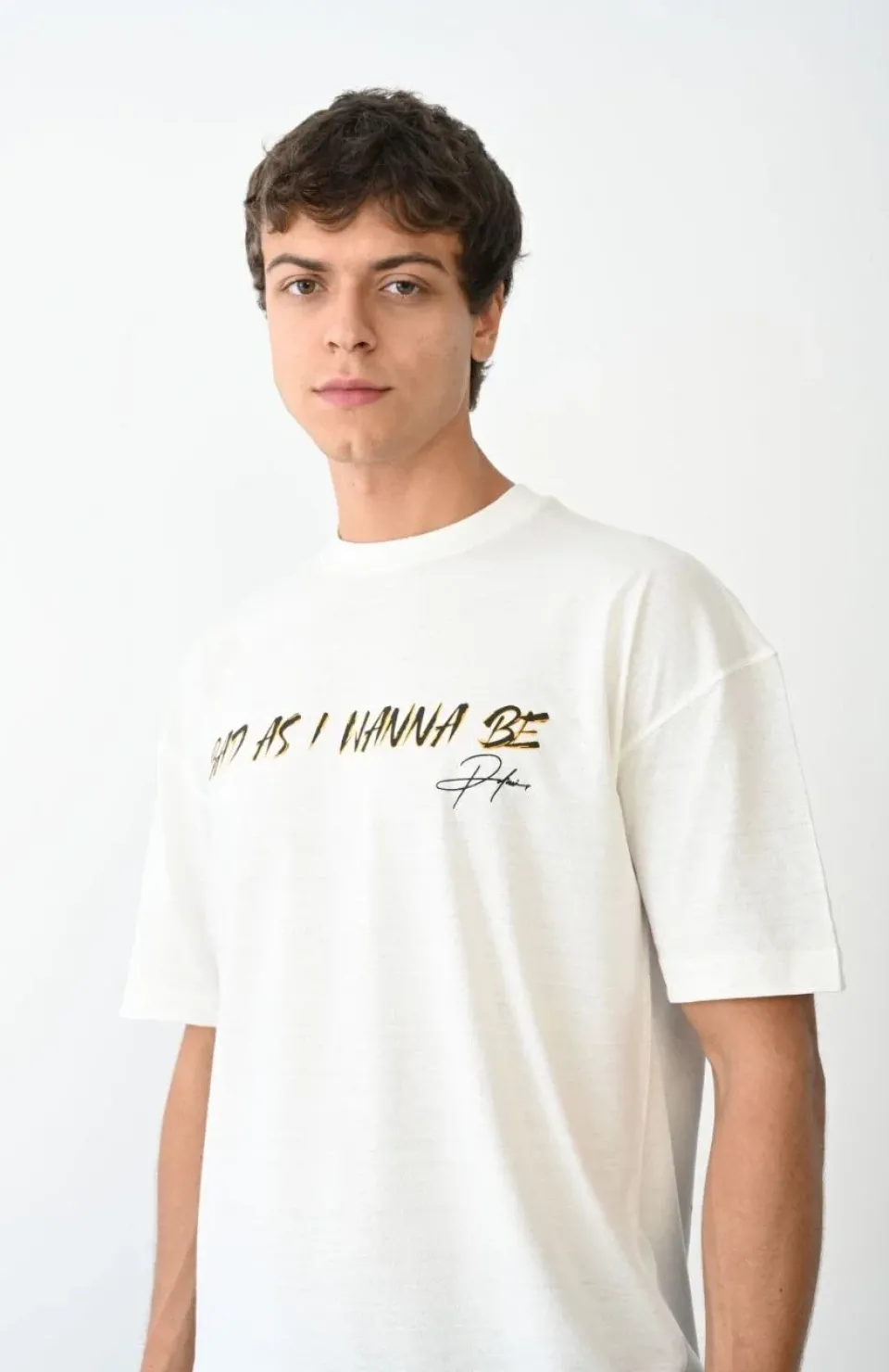 Unisex Bisiklet Yaka Baskılı Oversize T-Shirt - Beyaz