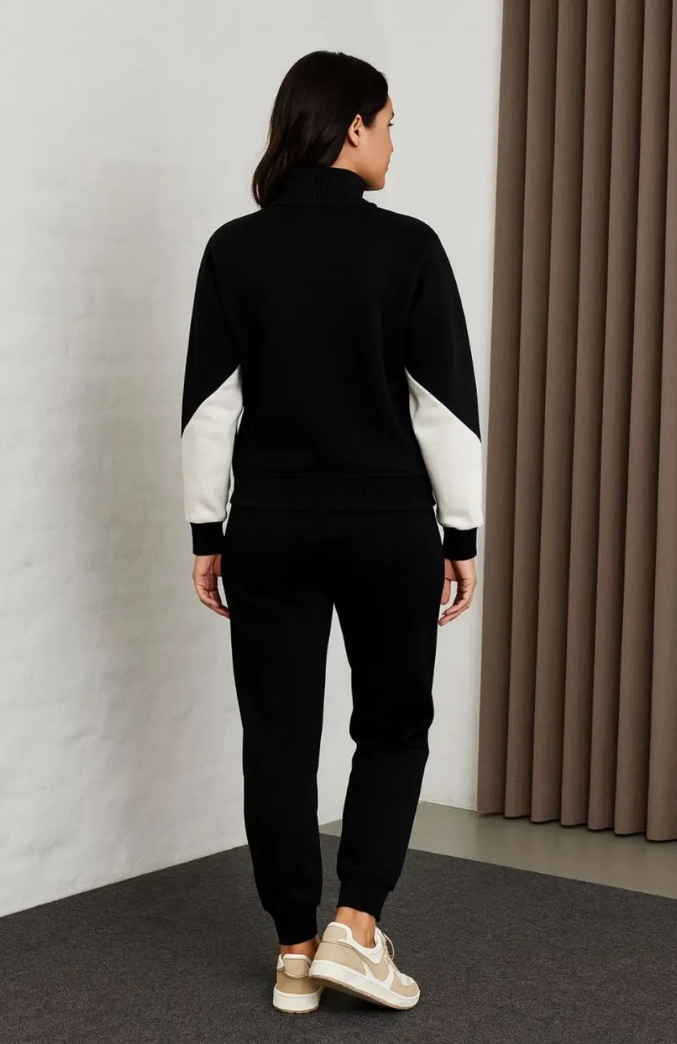 Kadın Premium Parçalı Eşofman Takım - Dik Yaka Fermuarlı Sweatshirt - Siyah