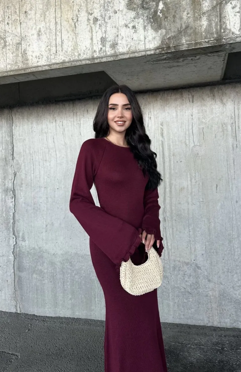 Acık Sırt Detaylı Maxi Uzun Boy Elbise- Bordo