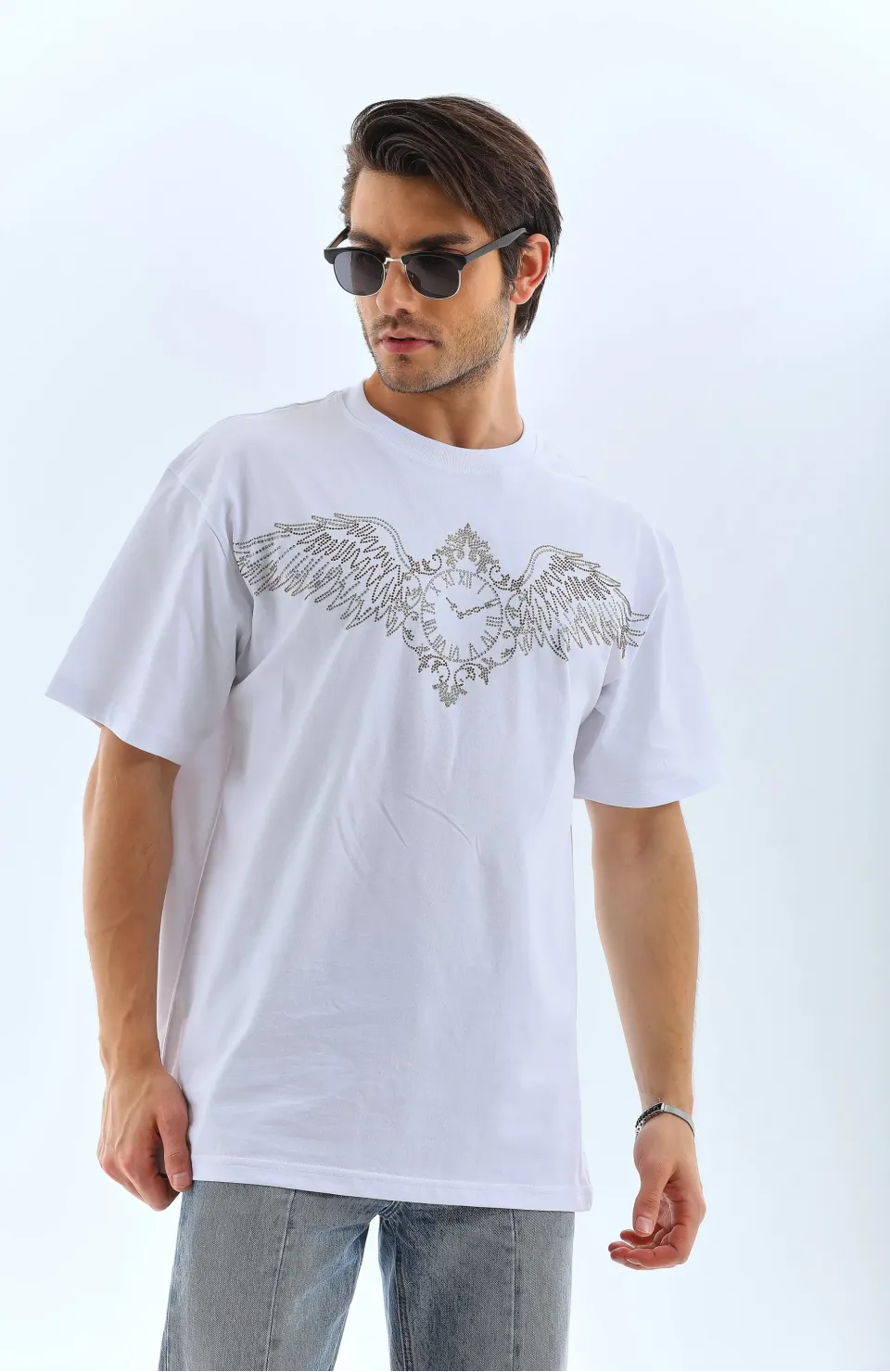 Unisex Oversize Taşlı Bisiklet Yaka T-Shirt - Beyaz