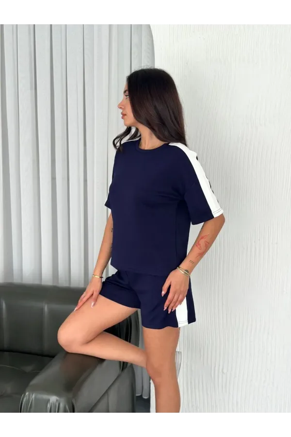 Osy Modal yumuşak dokulu Kumaş Kadın Parçalı Bisiklet Yaka T-shirt Kısa Şort İkili Takım - Mavi