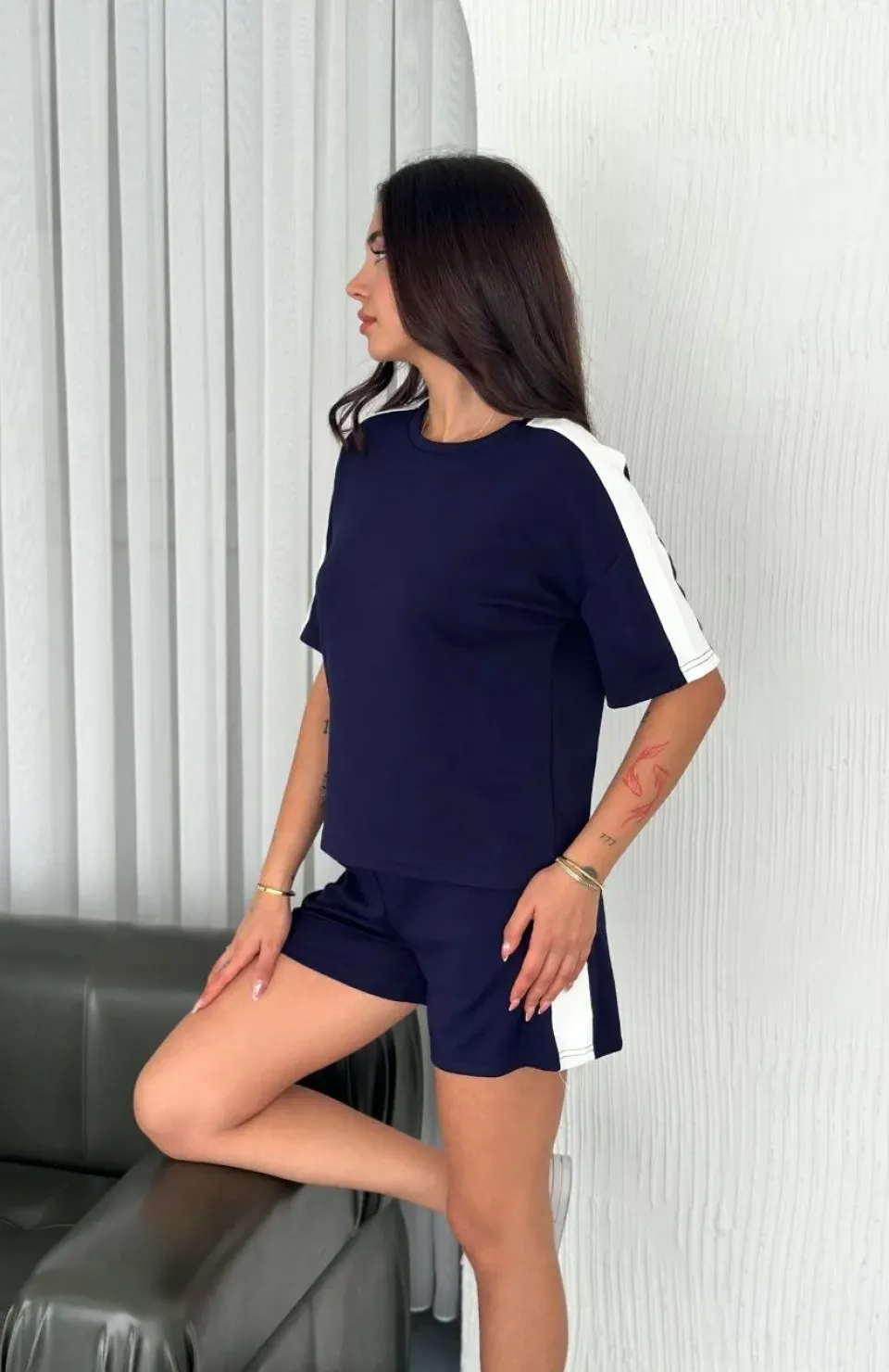 Osy Modal yumuşak dokulu Kumaş Kadın Parçalı Bisiklet Yaka T-shirt Kısa Şort İkili Takım - Mavi