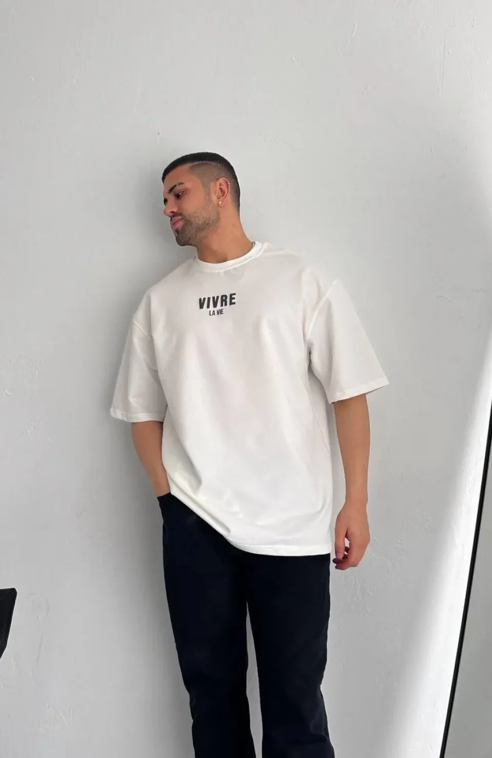 Baskılı Oversize Bisiklet Yaka T-shirt - Beyaz