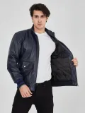 Erkek Fermuarlı İçten Elyaf ve Astarlı Suni Deri Ceket - Lacivert