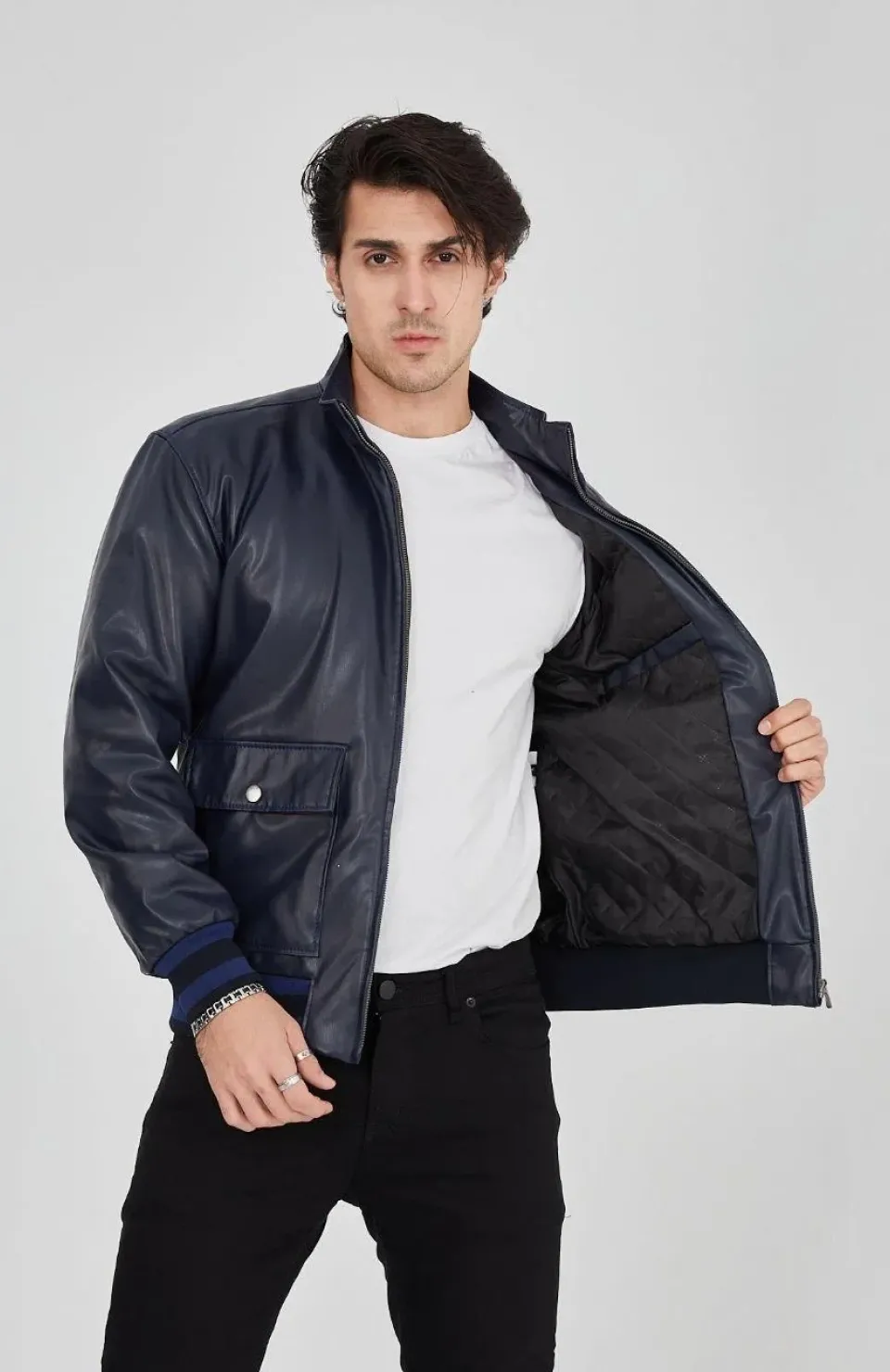 Erkek Fermuarlı İçten Elyaf ve Astarlı Suni Deri Ceket - Lacivert