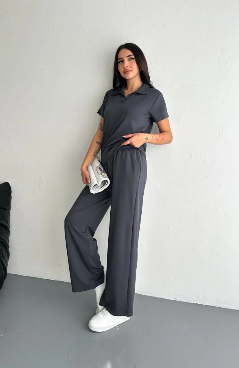 Osy Modal Yumuşak Dokulu Kumaş Kısa Kollu Yakalı T-shirt Pantalon ikili Takım- Antrasit