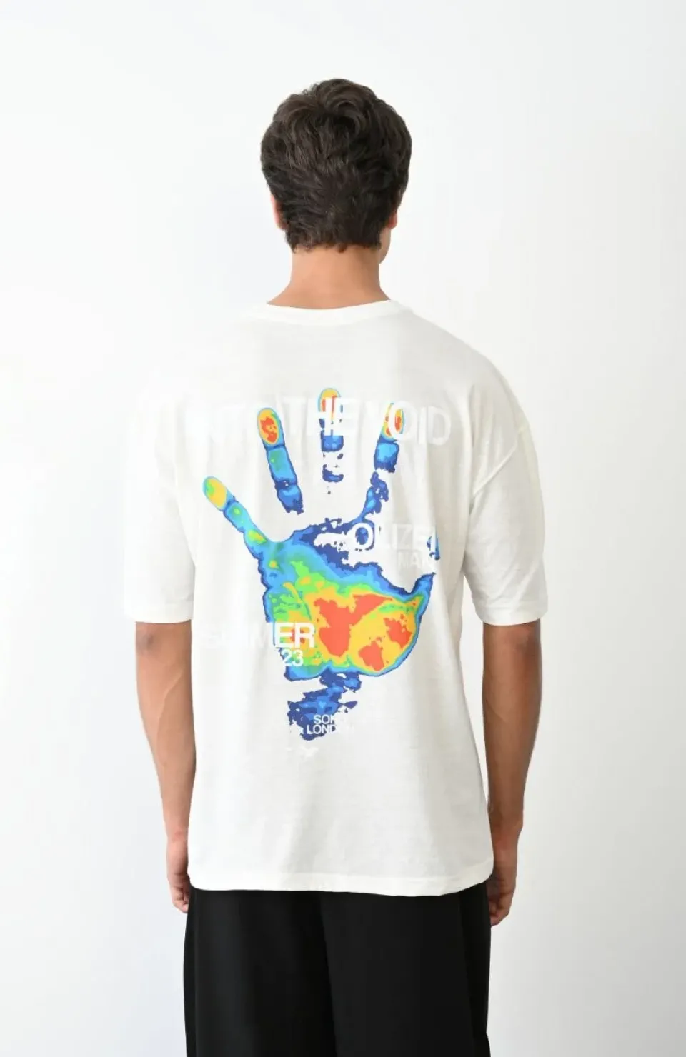 Unisex Bisiklet Yaka Baskılı Oversize T-Shirt - Beyaz