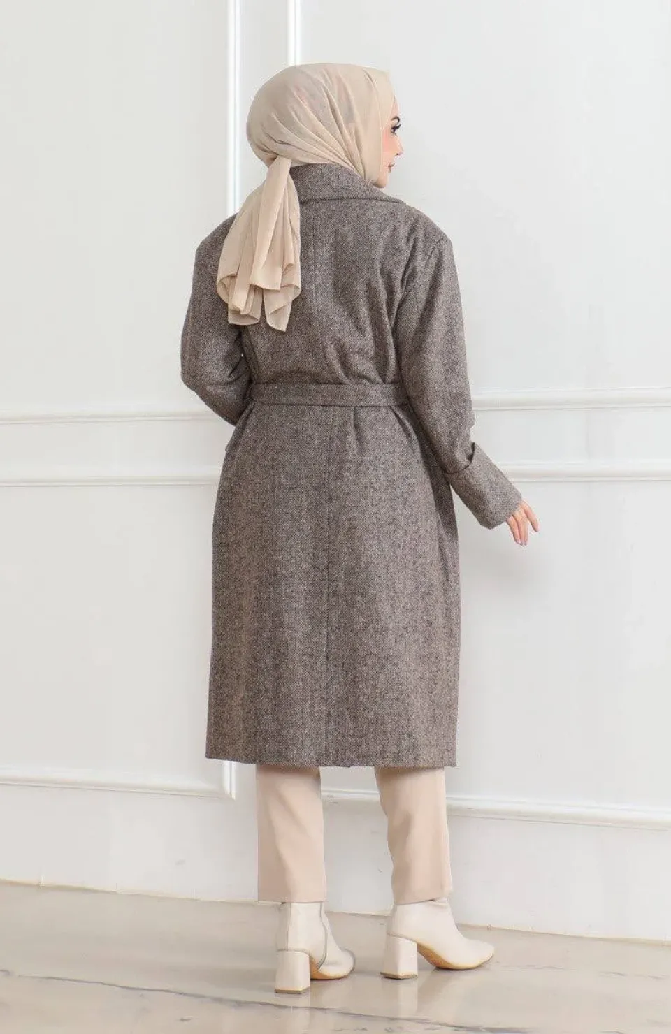 Beli Kuşaklı Yünlü Dokuma Kaşmir Kaban - Vizon Somersan Giyim | Kadın, Erkek ve Çocuk Moda