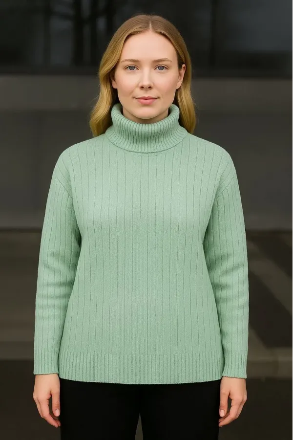 Kadın Balıkcı Yaka Bağazlı Triko Kazak Pamuklu Kalın Fitilli Dokuma - Mint Yeşili