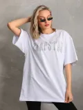 Unisex Taş Desenli Oversize T-Shirt - Beyaz