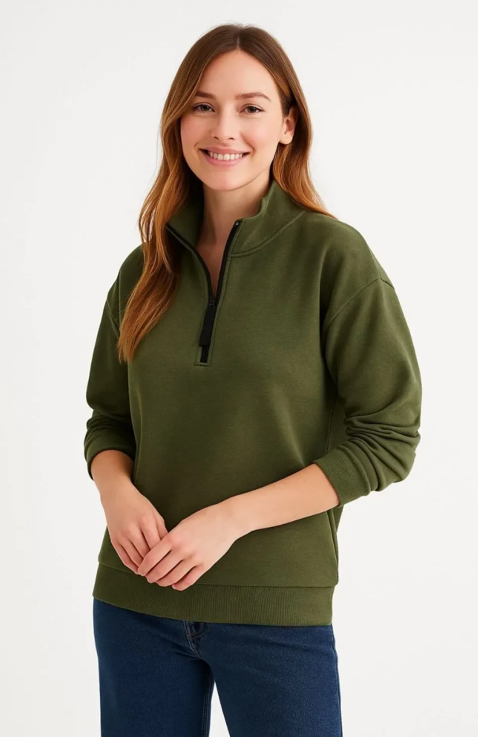 Kadın Üç İplik Dık Yaka Yarım Fermuarlı SweatShirt - Haki