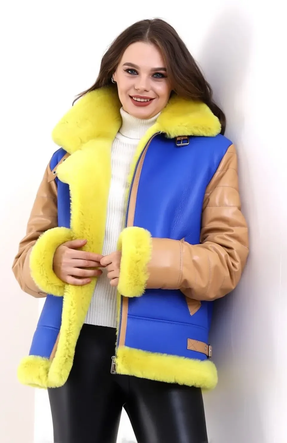 Kadın Koyun Derisi Pilot Hakiki Kürk - Sarı