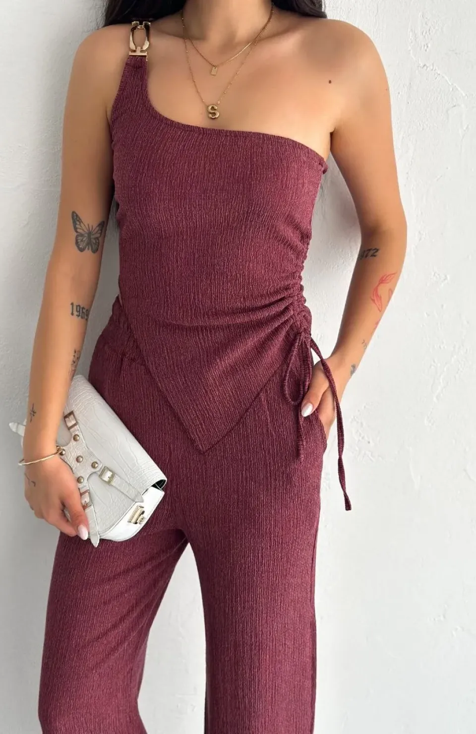 Asimetrik Crop Pantalon ikili Takım - Gül Kurusu