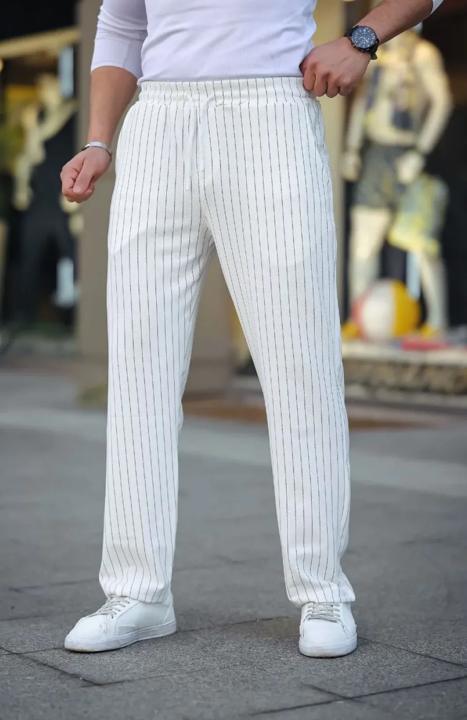 Erkek Cizgili Dokuma Krep Jogger Buggy Pantalon Rahat kalıp - Beyaz Somersan Giyim | Kadın, Erkek ve Çocuk Moda