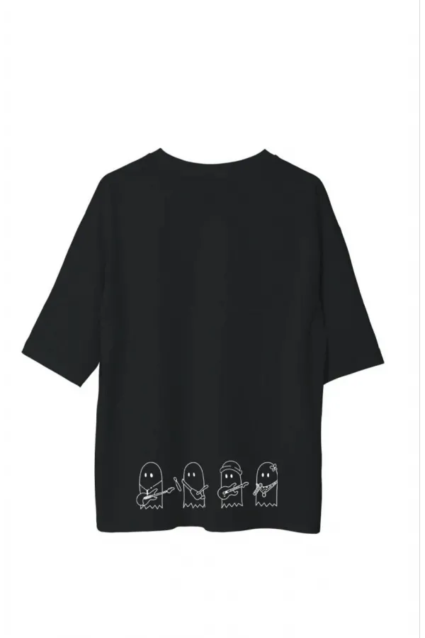 Unisex Bisiklet Yaka Baskılı Oversize T-Shirt - Siyah